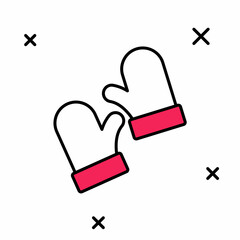 Filled outline Pair of knitted christmas mittens icon isolated on white background. Mitten icon. Merry Christmas and Happy New Year. Vector