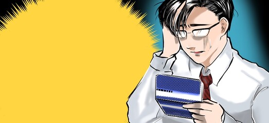 漫画イケメンメガネ会社員少ない預金残高通帳を見て絶句するイラスト