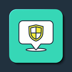 Filled outline Location shield icon isolated on blue background. Insurance concept. Guard sign. Security, safety, protection, privacy concept. Turquoise square button. Vector