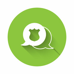 White Police badge icon isolated with long shadow background. Sheriff badge sign. Green circle button. Vector