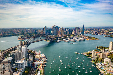 Fototapeta na wymiar Aerial drone panoramic view of Sydney City, the Sydney Harbour and the Harbour Bridge looking from North Sydney over Lavender Bay 