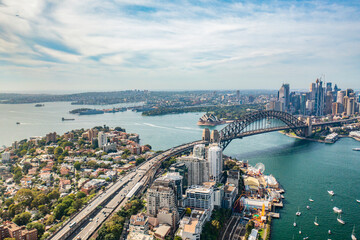 Aerial drone panoramic view of Sydney City, the Sydney Harbour and the Harbour Bridge looking from North Sydney over Lavender Bay 