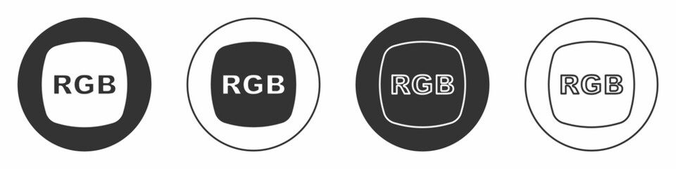 Black Speech bubble with RGB and CMYK color mixing icon isolated on white background. Circle button. Vector