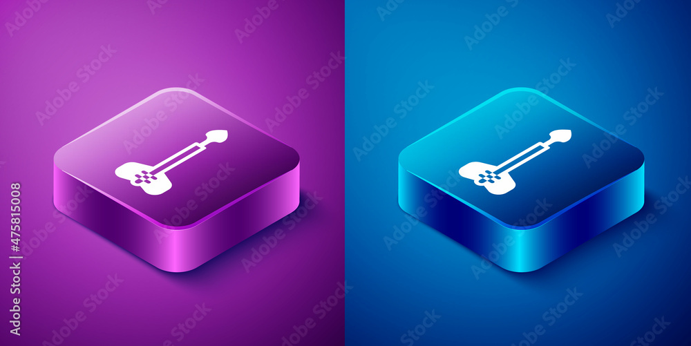 Poster Isometric Arrow icon isolated on blue and purple background. Square button. Vector