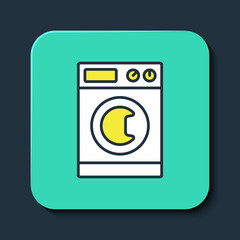 Filled outline Washer icon isolated on blue background. Washing machine icon. Clothes washer - laundry machine. Home appliance symbol. Turquoise square button. Vector