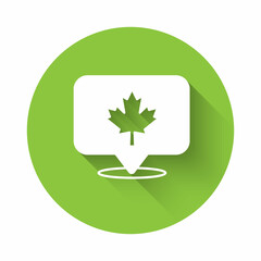 White Canadian maple leaf icon isolated with long shadow background. Canada symbol maple leaf. Green circle button. Vector