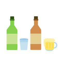Soju, beer and liquor are alcoholic beverages.Bottle and glass.Korean rice vodka.Oktoberfest festival poster.Sign, symbol, icon or logo isolated.Cartoon vector illustration.Flat design.
