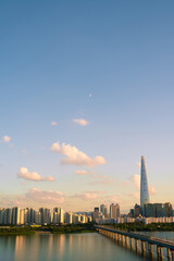 Panoramic view of Hangang River and Seoul city skyline with sunset sky in Korea