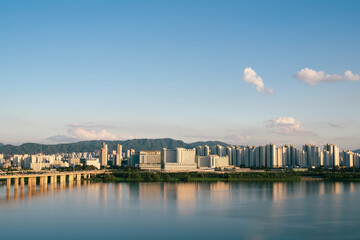 Panoramic view of Hangang River and Seoul city skyline in Korea