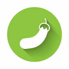White Eggplant icon isolated with long shadow background. Green circle button. Vector