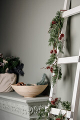 New Year's location with a Christmas tree and gifts in gray