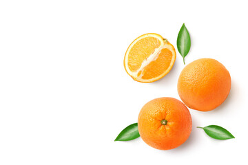 Flat lay of Fresh orange fruit with sliced and green leaves  isolated on white background.