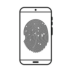 Smartphone with fingerprints, black linear sign on white background, vector illustration