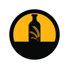 Bottle and ears of wheat, black and yellow color, round sign a white background, vector illustration