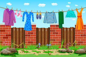 Laundry hanging on a clothesline over fence. Washing line and clothes in garden. Drying laundry in backyard. Clean clothes hanging on rope with clothespins in the yard. Stock vector illustration