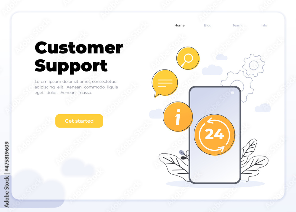 Poster 24 7 service concept or call center, big smartphone and small people with laptops in flat vector ill