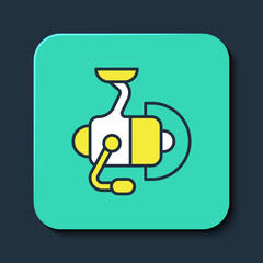 Filled outline Spinning reel for fishing icon isolated on blue background. Fishing coil. Fishing tackle. Turquoise square button. Vector