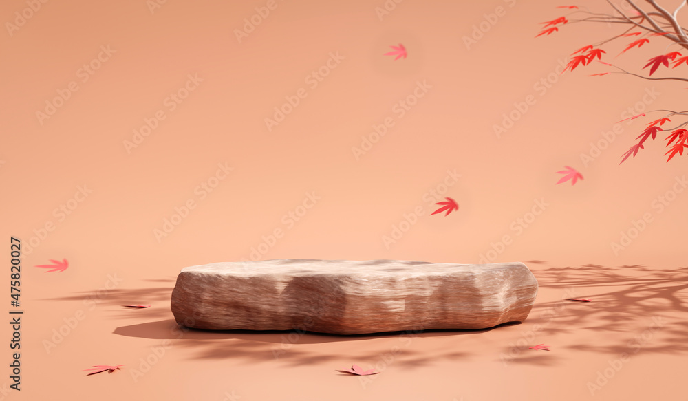 Poster natural stone platform product display 3d background or empty stage nature showcase japan maple leaf