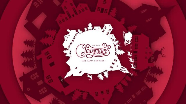 Merry Christmas Rounded Background Vector Illustration with paper art and craft style, silhouette of Santa Claus Reindeer Sleigh, house, church, pine tree. Panoramic round view in 3d papercut style