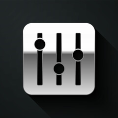Silver Sound mixer controller icon isolated on black background. Dj equipment slider buttons. Mixing console. Long shadow style. Vector