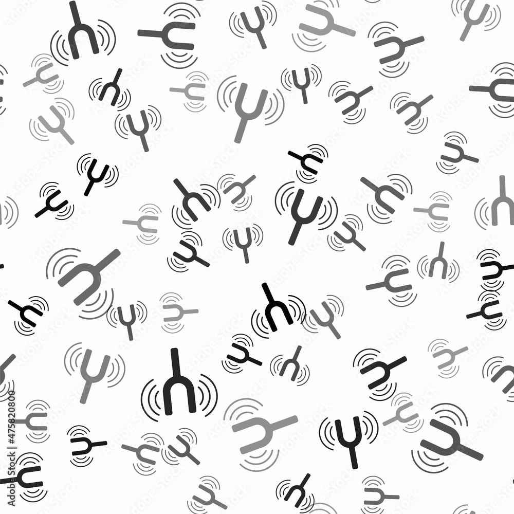 Poster black musical tuning fork for tuning musical instruments icon isolated seamless pattern on white bac