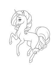 Prancing unicorn with curly mane and braided tail. Vector illustration for coloring book page.