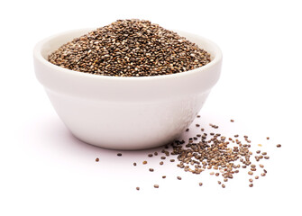Ceramic bowl of organic natural chia seeds close-up isolated
