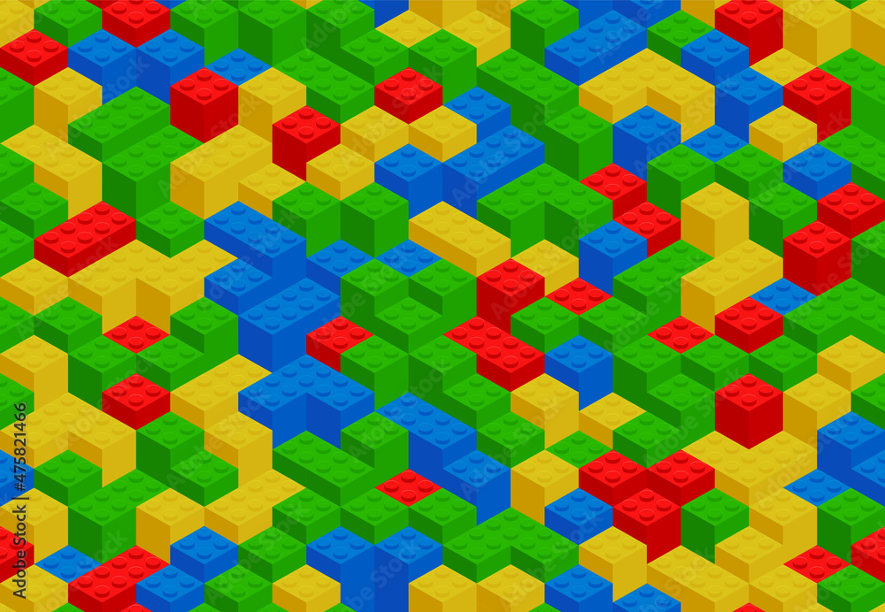 Poster plastic constructor game seamless pattern. vector toy brick texture background. perspective flat des
