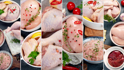 Collage of different raw chicken with spices and herbs for cooking.