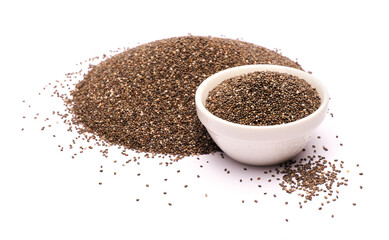 Ceramic bowl of organic natural chia seeds close-up isolated