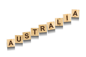 Australia, word on wooden blocks. Isolated on a white background.