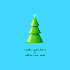 Christmas tree with a star, on a blue background. New Year card. New Year's illustration.