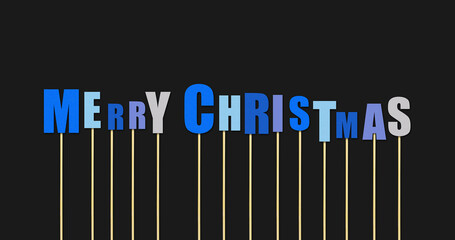 Merry Christmas Inscription from letters on sticks. Isolated on dark gray background. New Year. Christmas.