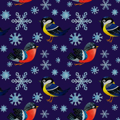 Fototapeta premium Seamless winter pattern with birds and snowflakes