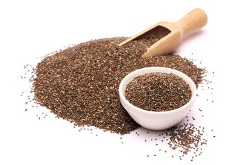 Ceramic bowl of organic natural chia seeds close-up isolated
