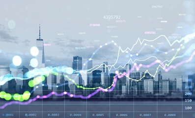 New York city skyscrapers. Forex financial rising graph and chart