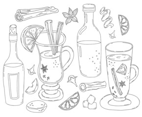 Set Christmas mulled wine. Glass and bottle of wine , orange slice, spices, cinnamon stick, cardamom, cloves and lemon zest. Vector illustration, in linear hand-drawn style. Isolated outline drawing