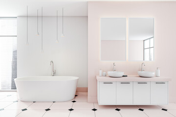 Naklejka na ściany i meble Light bathroom interior with bathtub, sinks with mirror and panoramic windows