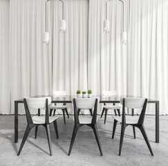 White dining room with curtains on background