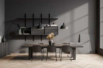 Dark dining room interior with six chairs, table, lamp, shelves