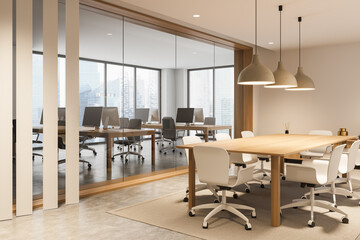 Bright office room interior with panoramic window with Singapore view