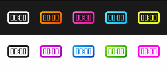 Set Digital alarm clock icon isolated on black and white background. Electronic watch alarm clock. Time icon. Vector