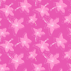 Hibiscus flowers outline irregular seamless pattern. Random repeat floral tropical endless texture. Exotic bright boundless background. Summer paradise plants toss repeat surface design
