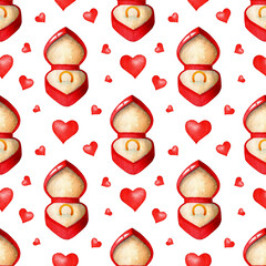 Watercolor painting pattern Wedding ring in a red box and hearts. Seamless repeating print for Wedding and Valentine's Day. Isolated over white background. Drawn by hand.
