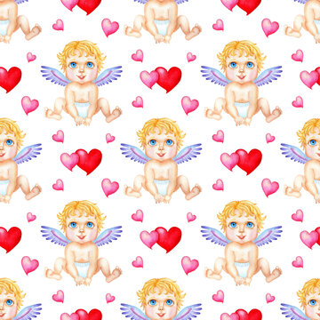 Watercolor painting pattern angel and hearts. Seamless repeating print for Valentine's Day, Wedding, Birthday. Wrapping paper, print, decor. Isolated on white background. Drawn by hand.