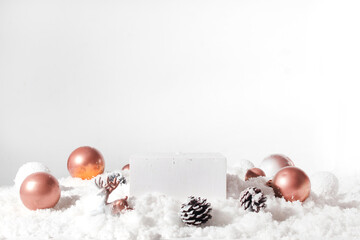 white snow background with pedestal showcase display stage for product mockup with beauty cosmetic skincare for merry christmas festival gift