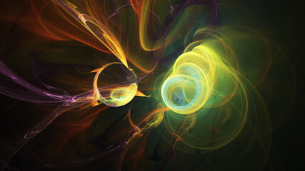 Abstract colorful green and golden fiery shapes. Fantasy light background. Digital fractal art. 3d rendering.