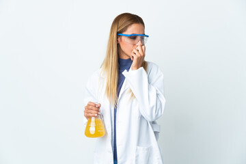 Young scientific woman isolated on white background having doubts