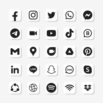Set of mobile apps logo of facebook, instagram, twitter, whatsapp, messenger, telegram, youtube and more