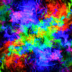 Fototapeta na wymiar Composición de arte digital fractal consistente en manchas de colores llamativos formando un todo con apariencia de ser el encuentro simétrico de gases fluorescentes.